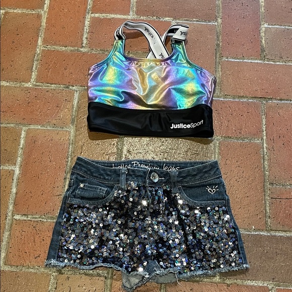 Justice Dark Blue Sequin Jean Shorts & Metallic Sports Bra - Picture 1 of 4